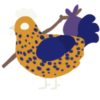 A orange and navy chicken with a speckle pattern