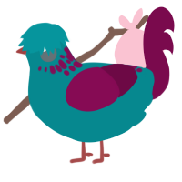 A teal and wine chicken with a neck-speckle pattern