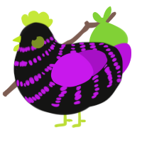 Midwest Emo, a black and amethyst chicken with a bar pattern