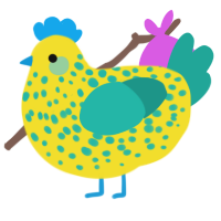 A yellow and turquoise chicken with a speckle pattern