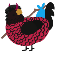 A crimson and black chicken with a lace pattern