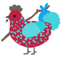 A crimson and aqua chicken with a speckle pattern