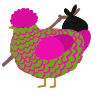 A chartreuse and fuchsia chicken with a lace pattern