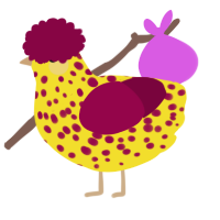 A yellow and maroon chicken with a speckle pattern
