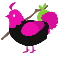 A black and fuchsia chicken with a head pattern
