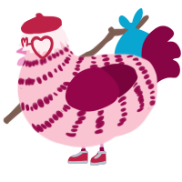 A rose and maroon chicken with a bar pattern