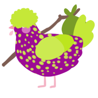 A plum and lime chicken with a speckle pattern