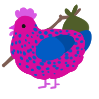 A fuchsia and ultramarine chicken with a speckle pattern