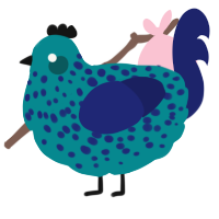 A teal and navy chicken with a speckle pattern