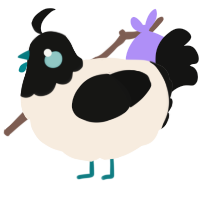 A cream and black chicken with a head pattern
