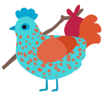 Misprint, a aqua and vermilion chicken with a speckle pattern