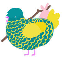 A teal and yellow chicken with a lace pattern