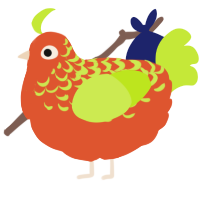 A vermilion and lime chicken with a half-lace pattern