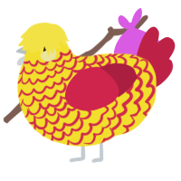 A yellow and crimson chicken with a lace pattern