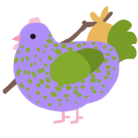 A lilac and chartreuse chicken with a speckle pattern