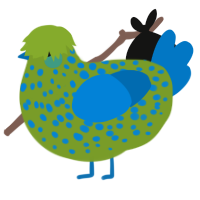 A chartreuse and sapphire chicken with a speckle pattern