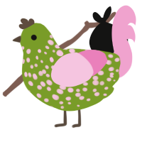 A chartreuse and pink chicken with a speckle pattern