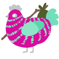 A fuchsia and mint chicken with a bar pattern