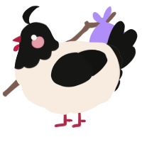A cream and black chicken with a head pattern