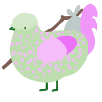Sprite, a gluppy and lavender chicken with a speckle pattern