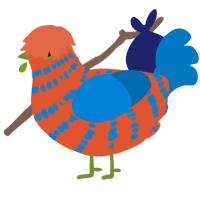 Blorange, a vermilion and sapphire chicken with a bar pattern