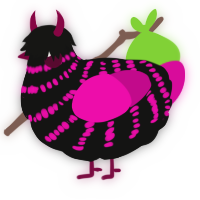 A black and fuchsia chicken with a bar pattern