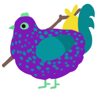 A violet and teal chicken with a speckle pattern