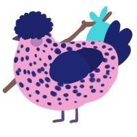 A pink and navy chicken with a speckle pattern