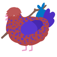 A red and indigo chicken with a speckle pattern