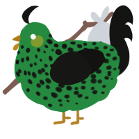 A viridian and black chicken with a speckle pattern