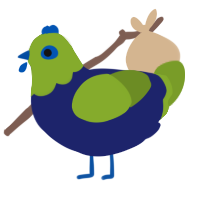 A navy and chartreuse chicken with a head pattern
