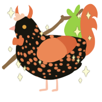 Pumpkin Spice Jr, a black and vermilion chicken with a speckle pattern