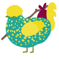 A turquoise and yellow chicken with a speckle pattern