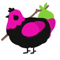 A black and fuchsia chicken with a head pattern