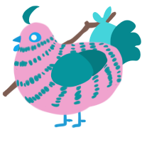 A pink and teal chicken with a bar pattern