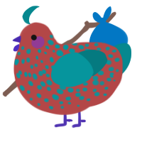 A red and teal chicken with a speckle pattern