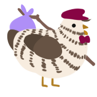 A cream and bark chicken with a bar pattern