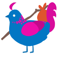 A sapphire and fuchsia chicken with a neck-speckle pattern