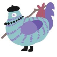 A aqua and indigo chicken with a bar pattern