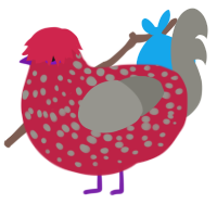 cool hair guy, a crimson and ash chicken with a speckle pattern