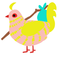 A rose and yellow chicken with a bar pattern
