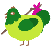 A lime and leaf chicken with a head pattern