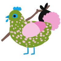 A chartreuse and pink chicken with a speckle pattern
