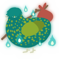 A sea and chartreuse chicken with a speckle pattern