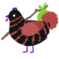 A black and red chicken with a bar pattern