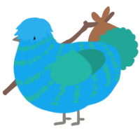 A sky and turquoise chicken with a bar pattern