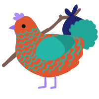 A vermilion and turquoise chicken with a lace pattern