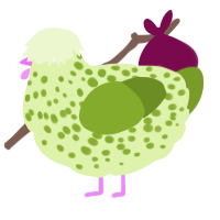 A apple and chartreuse chicken with a speckle pattern