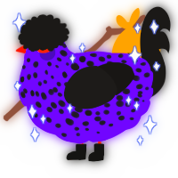 A blurple and sable chicken with a speckle pattern