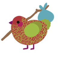 A crimson and chartreuse chicken with a double-lace pattern